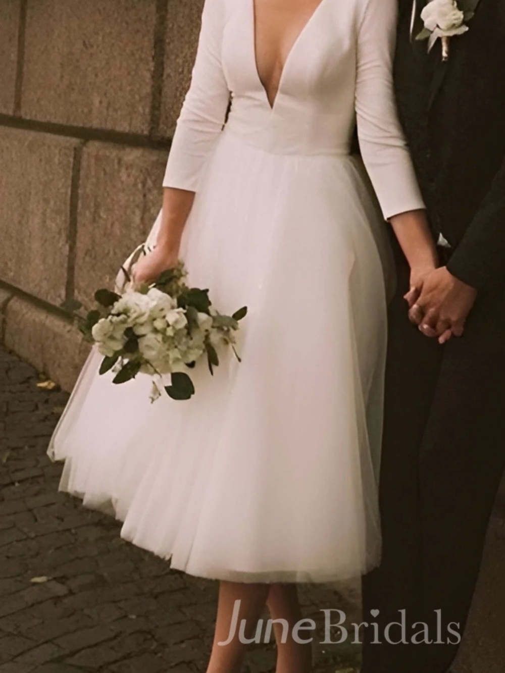 NWT!! White Tea-Length V-Neck Tulle Wedding Dress